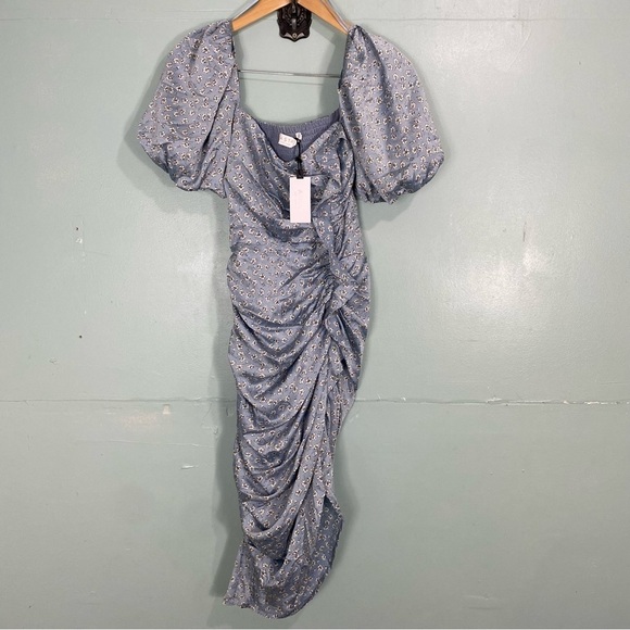 ASTR Emma Ruched Puff Sleeve Midi Dress Blue Floral Short Sleeve XS ACDR100930 - Picture 2 of 5